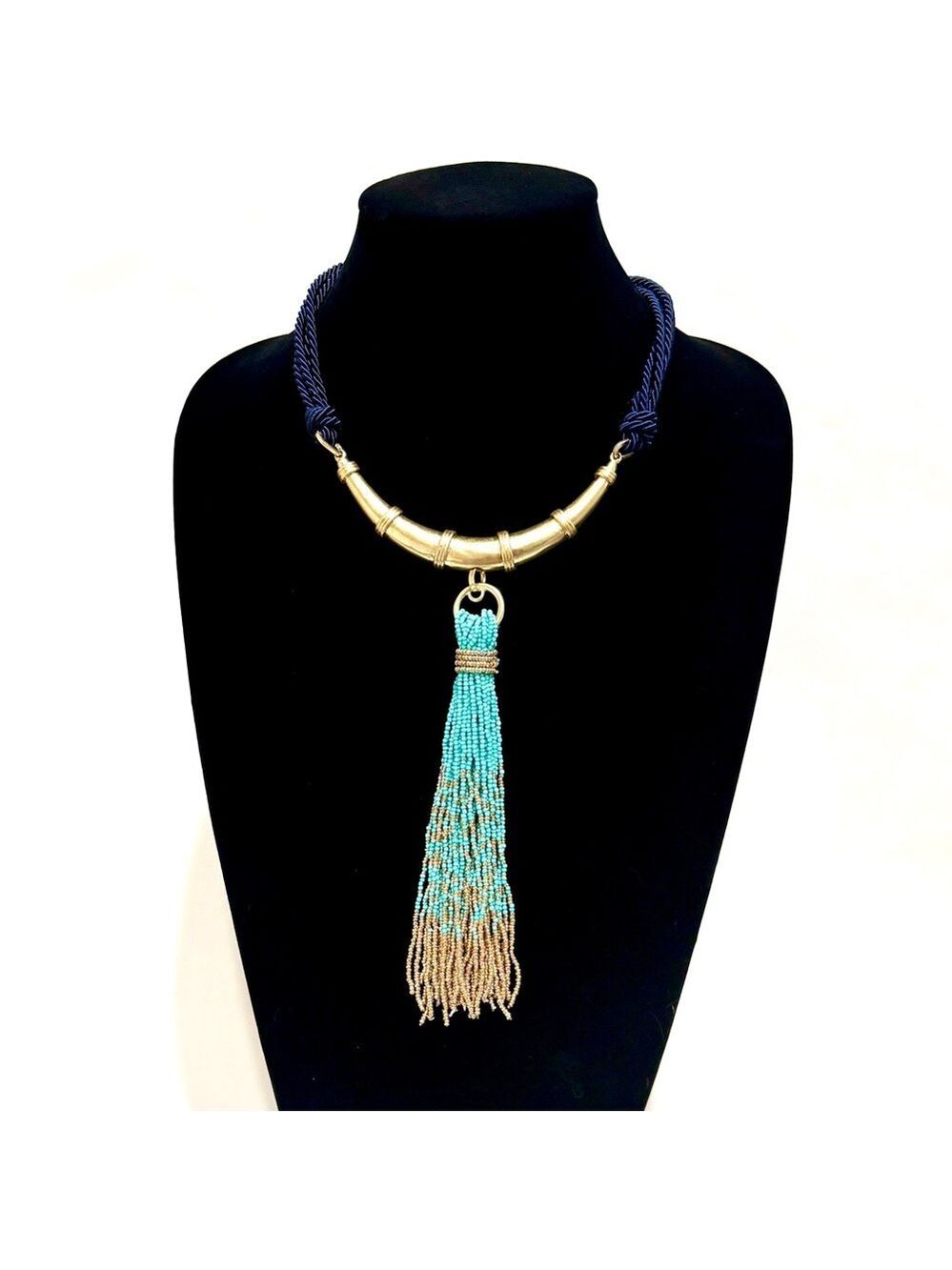 CHICO’S | Navy Rope & Aqua Beaded Tassel Golden Collar Necklace | NEW - Picture 8 of 8